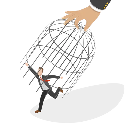 3 D Isometric Flat Vector Conceptual Illustration Of Catching A Fugitive Giant Hand Capturing A Running Businessman With Birdcage Illustration