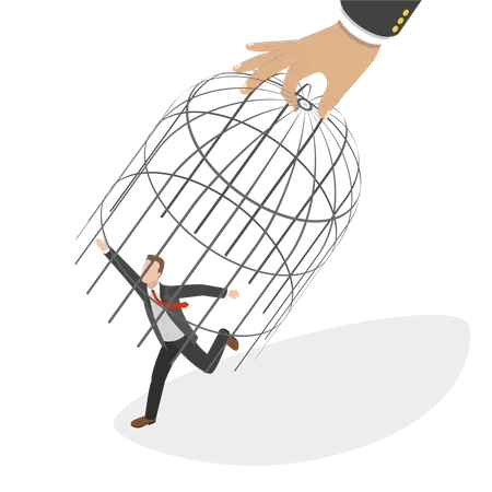 Giant Hand Capturing Running Businessman with Birdcage  Illustration