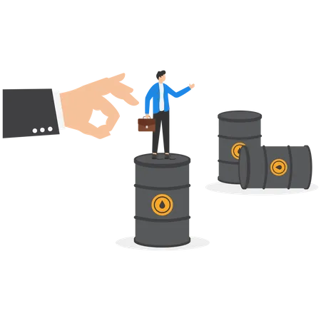 Giant hand flicking manager standing on oil barrel  Illustration