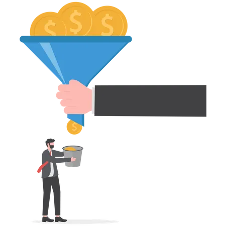 Exploitation System Giant Hand Holding Funnel To Filter Gold Coins To Small Businessman Illustration