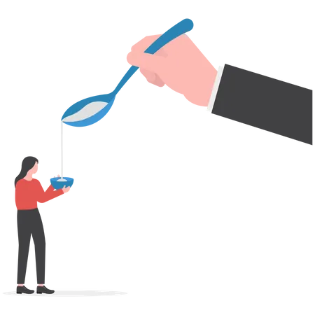 Exploitation System Giant Hand Holding Spoon Share Income To Small Business Women Illustration
