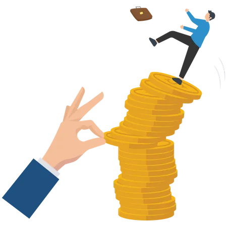 Giant hand pull back money from coin stack causing investor to fall down  Illustration