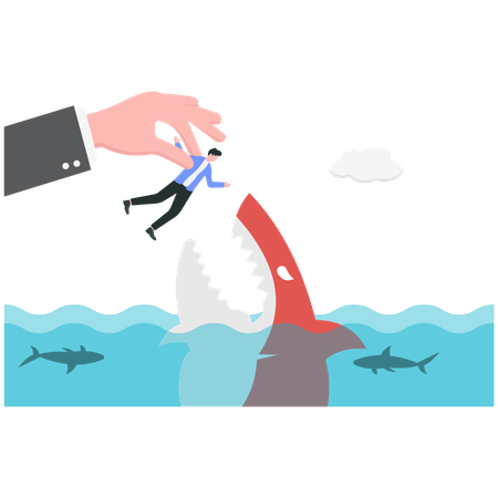 Giant hand put his subordinate in dangerous place full with crocodiles  Illustration