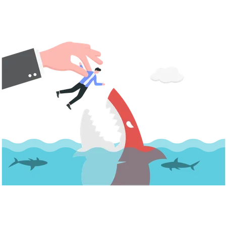 Giant hand put his subordinate in dangerous place full with crocodiles  Illustration