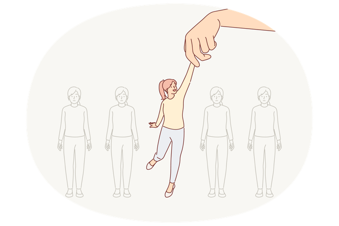 거대한 손이 군중 속에서 한 사람을 선택하는 여성을 컨셉트 모집 및 인재 검색을 위해 들어올리고 있습니다.  일러스트레이션