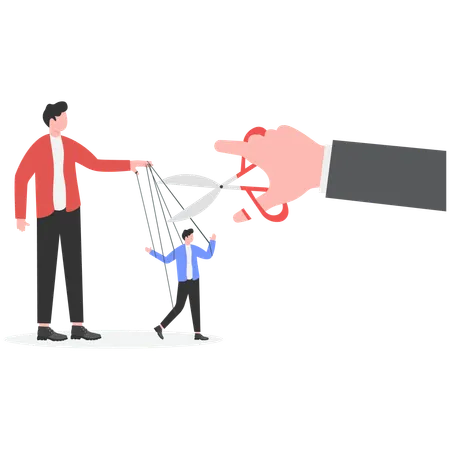 Giant hand with scissors cutting strings attached to businessman  Illustration