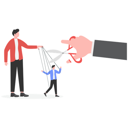 Giant hand with scissors cutting strings attached to businessman  Illustration