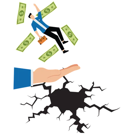 Giant hands catching businessman and banknotes about to fall into trap  Illustration