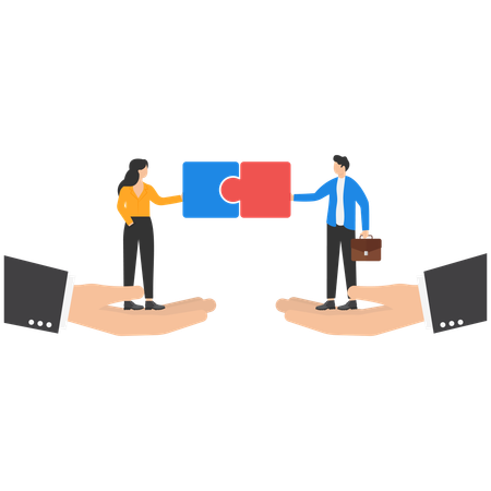 Giant hands holding business people for  business to business communication with solution  Illustration