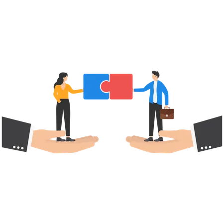 Giant hands holding business people for  business to business communication with solution  Illustration