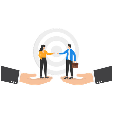 Giant hands holding business people to making deal  Illustration