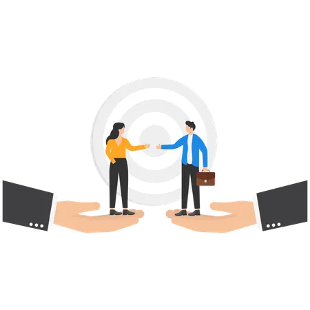 Giant hands holding business people to making deal  Illustration