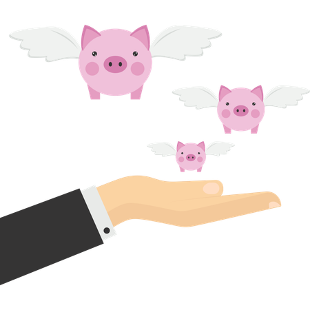 Giant hands holding flying pink piggy banks  Illustration