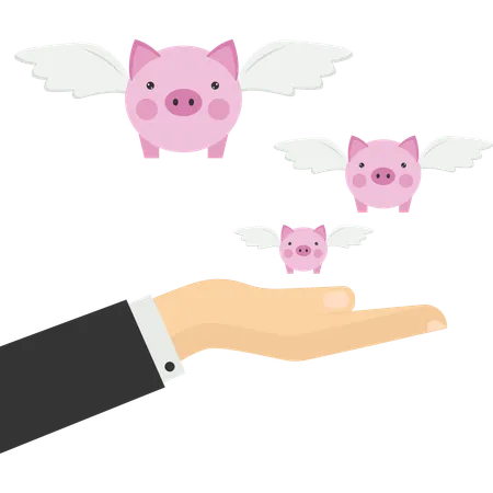 Giant hands holding flying pink piggy banks  Illustration