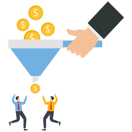 Giant holding funnel to filter gold coins to small businessman  Illustration