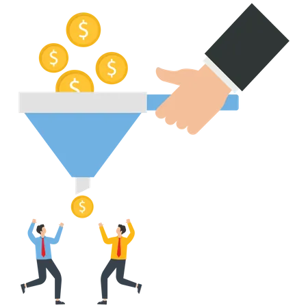 Giant holding funnel to filter gold coins to small businessman  Illustration