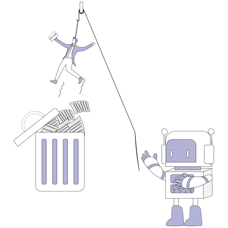 Giant robot throwing man in trash  Illustration