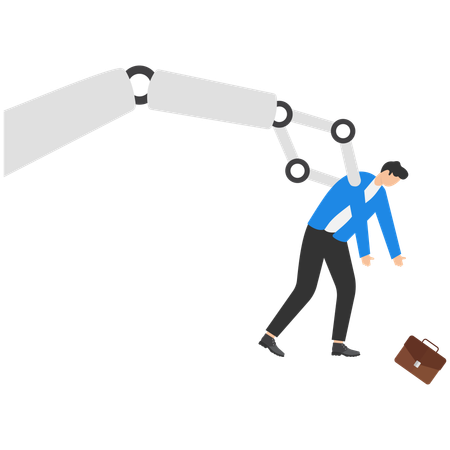 Giant robotic arm kick off businessman from cliff down  Illustration