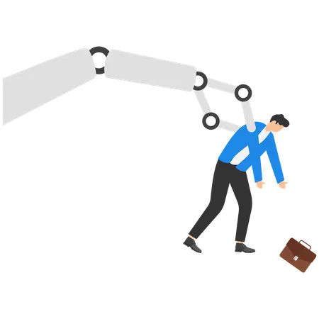 Giant robotic arm kick off businessman from cliff down  Illustration