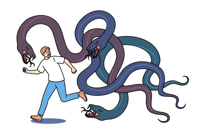 Giant snakes chase frightened man suffering from panic attacks caused by schizophrenia  Illustration