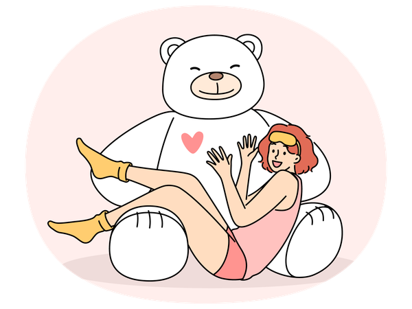 パジャマと睡眠マスクを着てかわいいプレゼントに喜んで座っている 10 代の女の子のそばに巨大なテディベアがいます  イラスト