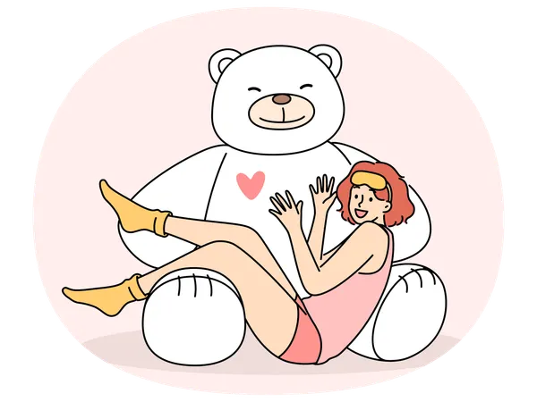 パジャマと睡眠マスクを着てかわいいプレゼントに喜んで座っている 10 代の女の子のそばに巨大なテディベアがいます  イラスト