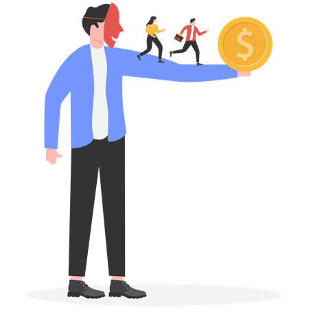 Giant wearing mask holding dollar coin in his hand seduces little businessman  Illustration