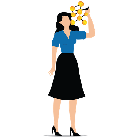 Gierige Geschäftsfrau isst eine Reihe von Goldmünzen in der Hand  Illustration