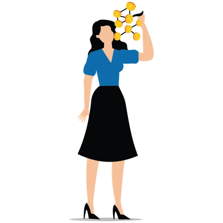 Gierige Geschäftsfrau isst eine Reihe von Goldmünzen in der Hand  Illustration