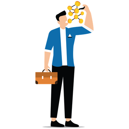 Gieriger Geschäftsmann isst eine Reihe von Goldmünzen in der Hand  Illustration