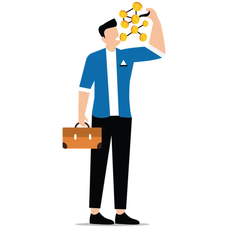 Gieriger Geschäftsmann isst eine Reihe von Goldmünzen in der Hand  Illustration