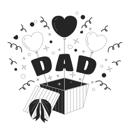 Gift Box Father Day Black And White 2 D Illustration Concept Open Giftbox Dad Birthday Surprise Cartoon Outline Object Isolated On White Daddy Present Hearts Out Box Metaphor Monochrome Vector Art Illustration