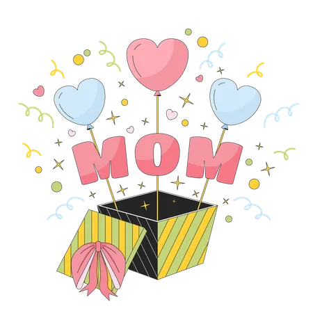 Gift Box Mothers Day 2 D Linear Illustration Concept Mom Birthday Surprise Giftbox Cartoon Object Isolated On White Motherhood Present Explosion Congrats Metaphor Abstract Flat Vector Outline Graphic Illustration