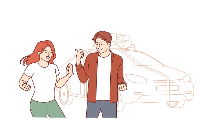 Gift car tied with large bonus stands near overjoyed couple who won automobile in lottery  Illustration