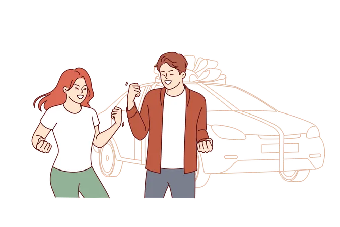 Gift car tied with large bonus stands near overjoyed couple who won automobile in lottery  Illustration