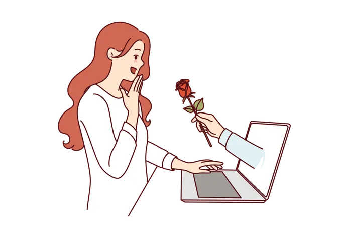 Gift flower from internet fan in laptop screen near enthusiastic woman using dating site  Illustration