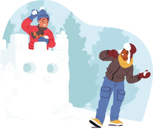 Giggling Kids Engage In Epic Snowball Fights Crafting Snowy Fortress With Glee Laughter Echoes Amid Flying Snow As They Create Wintry Memories In Frosty Battleground Cartoon Vector Illustration Illustration