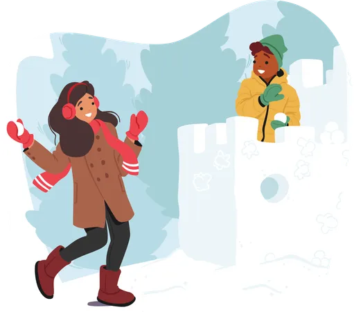 Giggling Kids Launch Snowy Assaults Constructing A Fortress Adorned With Laughter Frosty Battles Ensue Joyously Echoing Through The Winter Air Creating Memories Within The Snow Kissed Playground Illustration