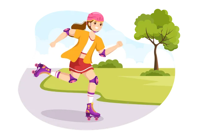 People Riding Roller Skates In City Park For Outdoor Activity Sports Recreation Or Weekend Recreation In Cartoon Hand Drawn Template Illustration Illustration