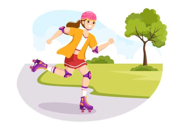 Gils Riding Roller Skates in park  Illustration