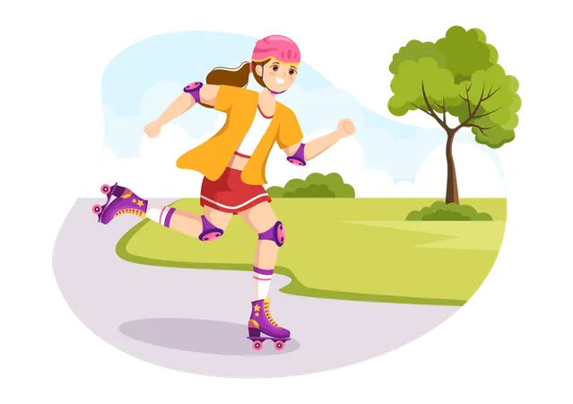 Gils Riding Roller Skates in park  Illustration