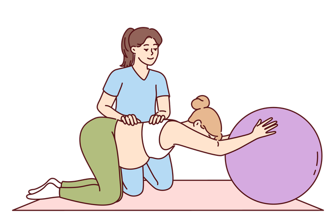 Gimnasia para embarazadas bajo supervisión de fisioterapeuta.  Ilustración