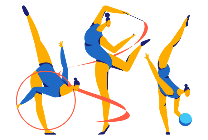 Gimnasta femenina realizando elementos de gimnasia rítmica con pelota y cinta  Ilustración