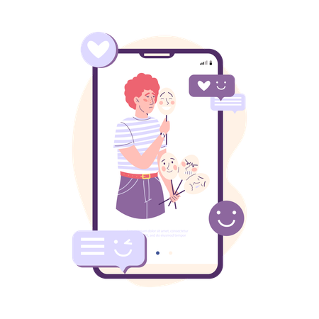 Ginger man holding fake emotion mask in his hands  Illustration