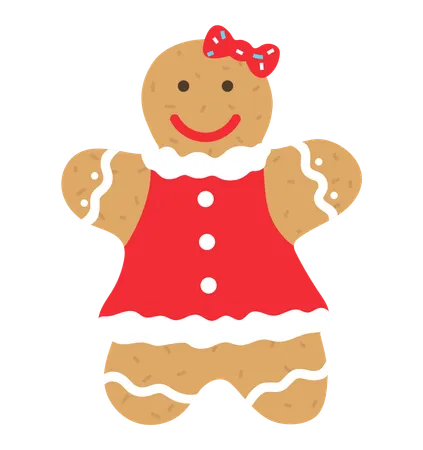 Baked Gingerbread Cookie For Christmas Celebration Xmas Holidays And New Year Traditional Symbolic Food Sweets For December 25 Female Character With Red Costume And Decorative Bow On Head Vector Illustration