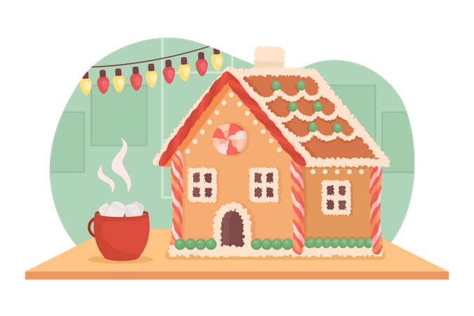 Gingerbread house and hot beverage  Illustration