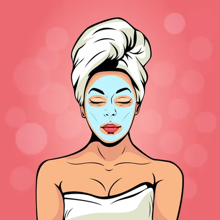 Giovane donna sexy in asciugamano da bagno con maschera cosmetica sul viso. Sfondo colorato vettoriale in stile fumetto retrò pop art. Volto femminile sorridente e rilassante.  Illustration