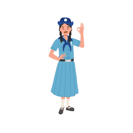 Giovane ragazza scout tailandese positiva e sicura in uniforme allegra che fa gesto giusto della mano  Illustration