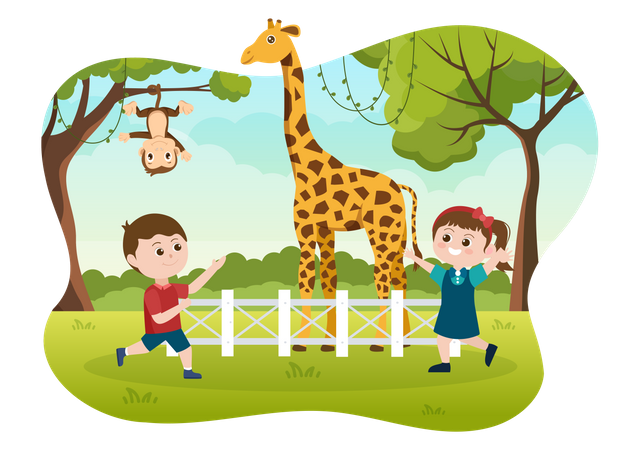 Girafa com crianças  Ilustração