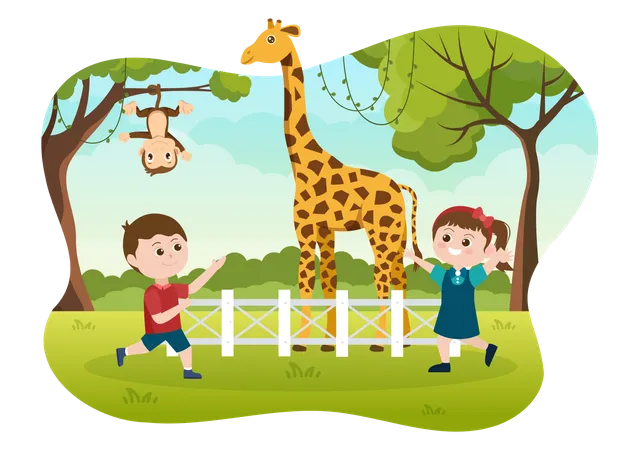 Girafa com crianças  Ilustração